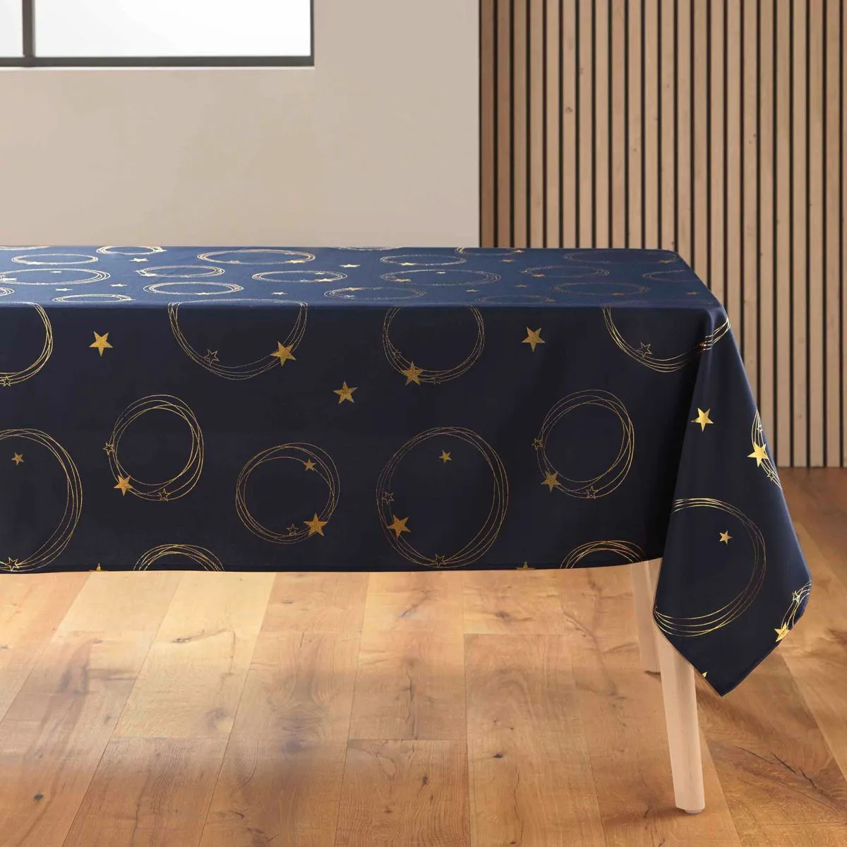 Nappe Antitache Imprimé "star" 150x300cm Bleu Marine & Or