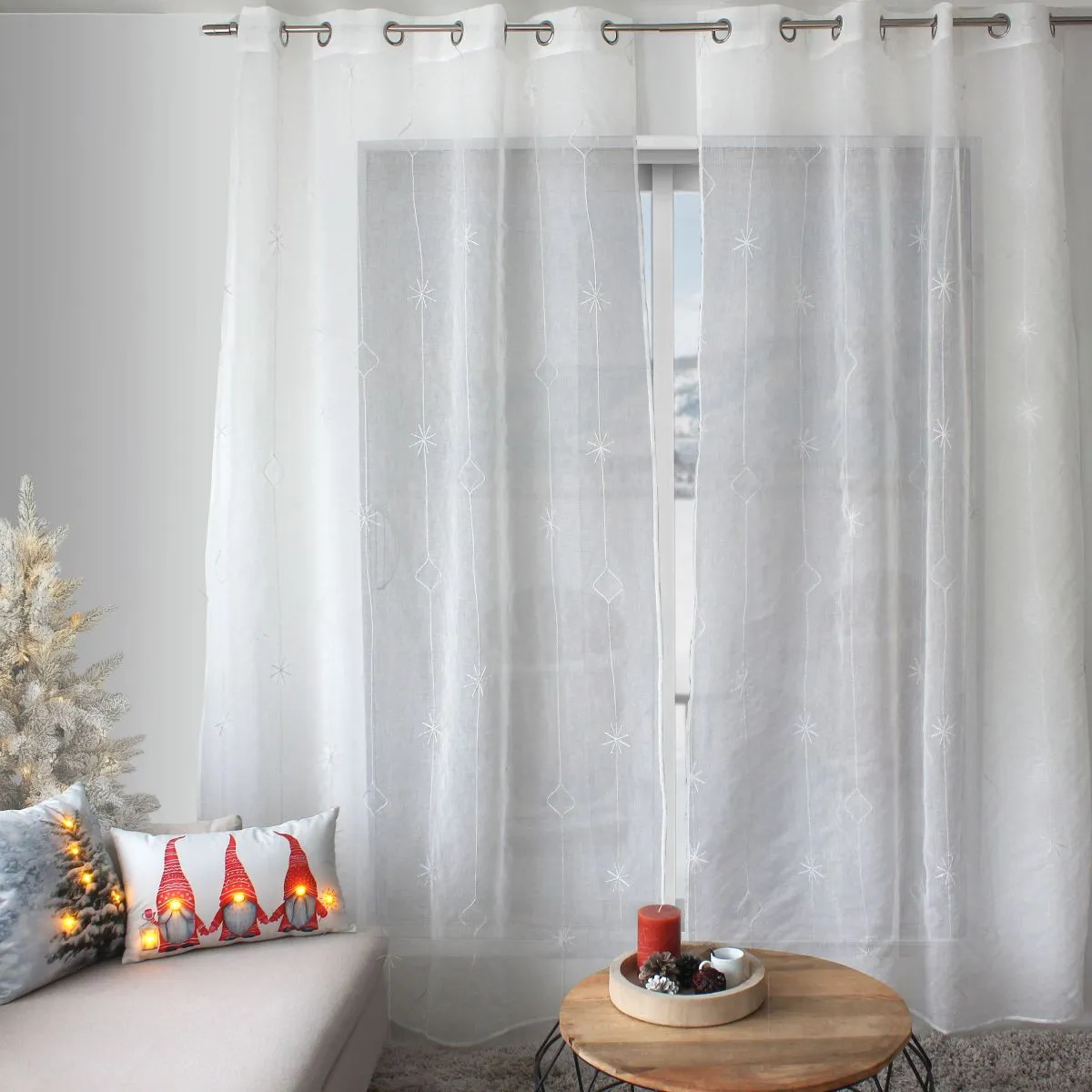 Rideau Voilage Brodé "noël" 140x240cm Blanc & Argent