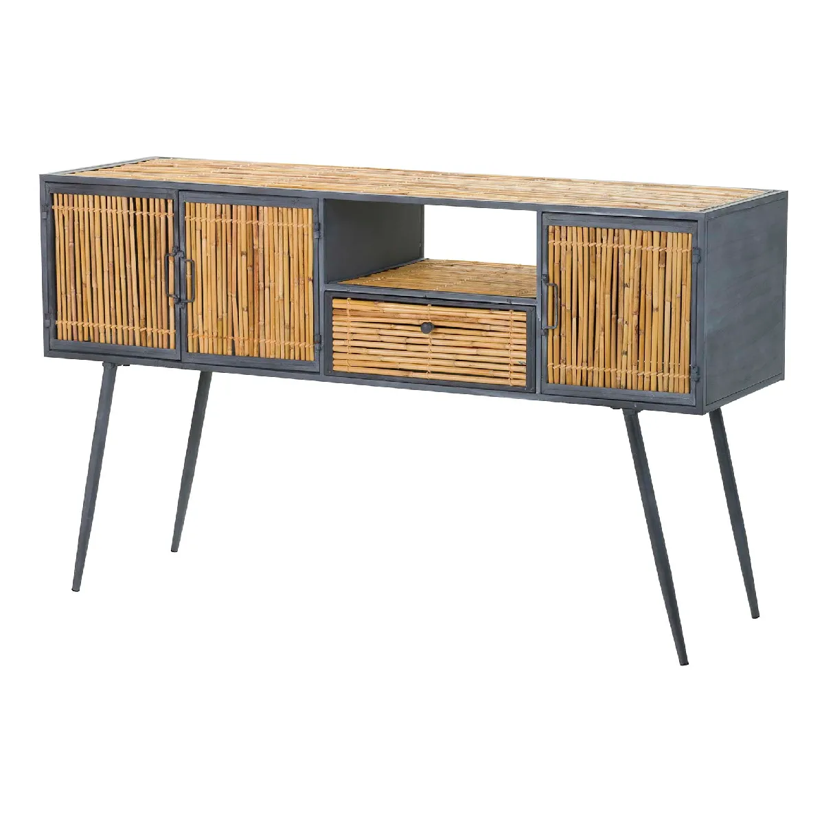 Console en métal et bambou marron-bleu - 135 x 41 x 80 cm