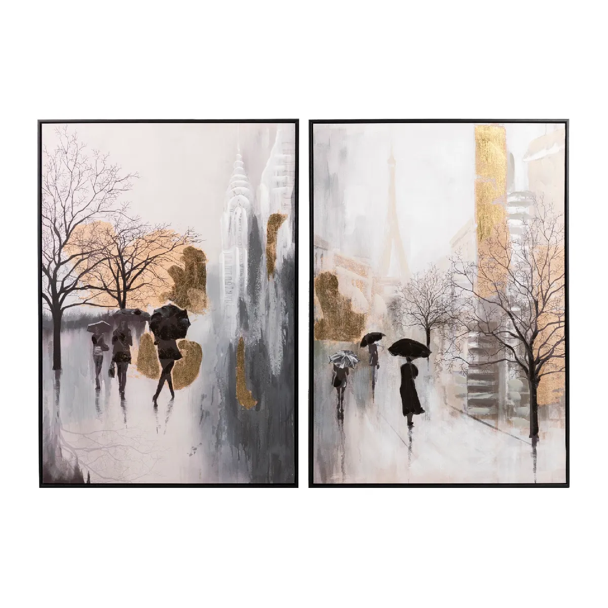 Ensemble de 2 tableaux Boulevard avec cadres dorés 70 x 4 x 100 cm