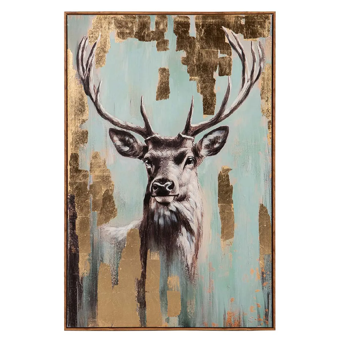 Tableau de cerf peint à 80 % à la main et orné de feuilles métalliques 80 x 4 x 120 cm