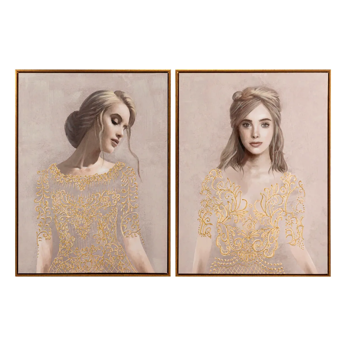 Ensemble de 2 tableaux de femmes avec cadre doré 60 x 4 x 80 cm