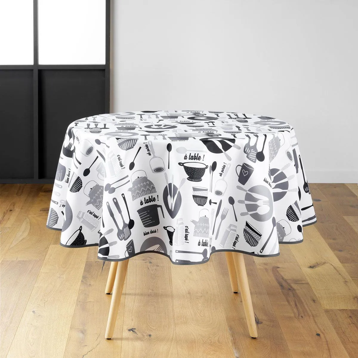 Nappe Ronde Imprimé "kitchen" 180cm Blanc & Noir