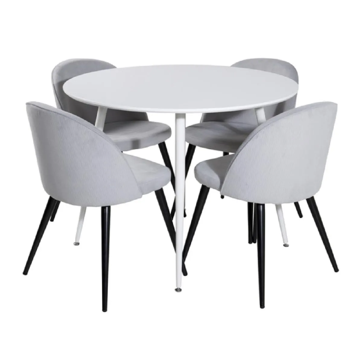 Ensemble Table à Manger & 4 Chaises Côtelées "Plaza & Velvet" 100cm Blanc & Gris