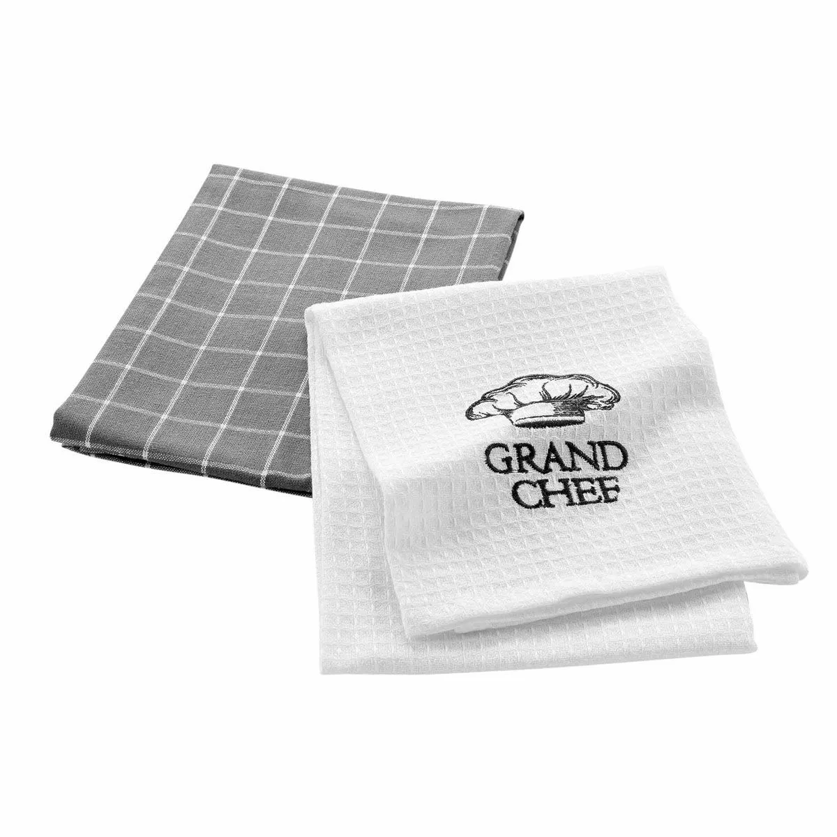 Lot De 2 Torchons De Cuisine "grand Chef" 50x70cm Blanc & Gris