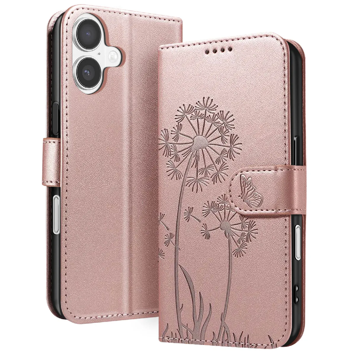Étui Portefeuille Pour Iphone 17 Premium Design Fleurs Papillon Rose Champagne Zanaé