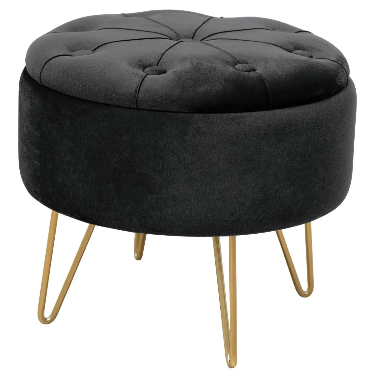Pouf de Rangement avec Couvercle matelassé AKORD CARO velour colour Noir hauteur 33 cm