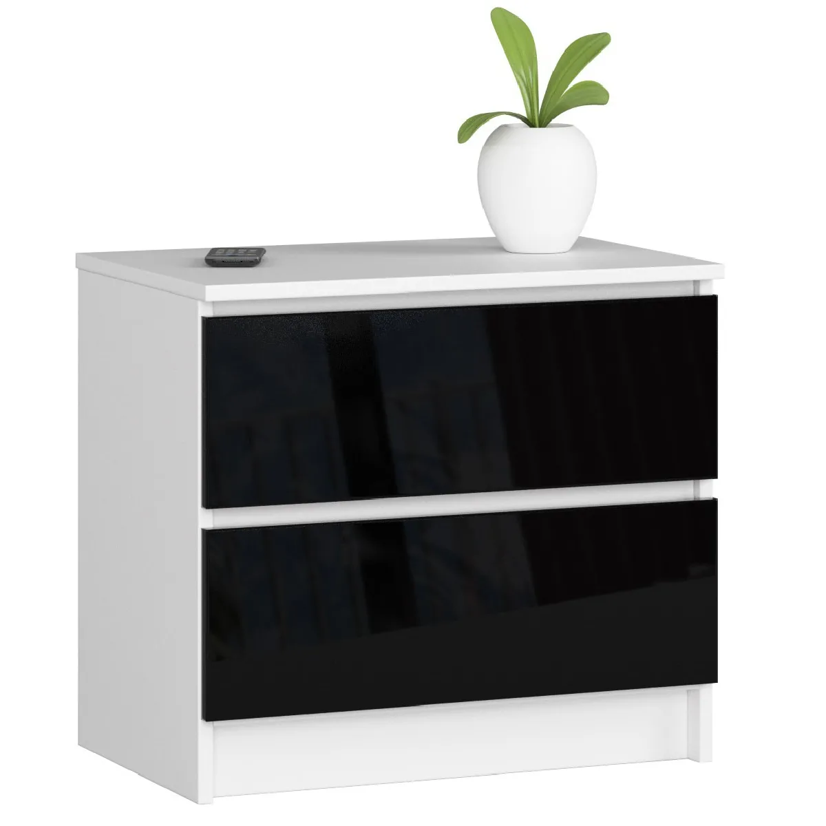 Commode Akord K60 Blanche 60 Cm 2 Tiroirs Façade Noir Brillant 60x40x55 Cm