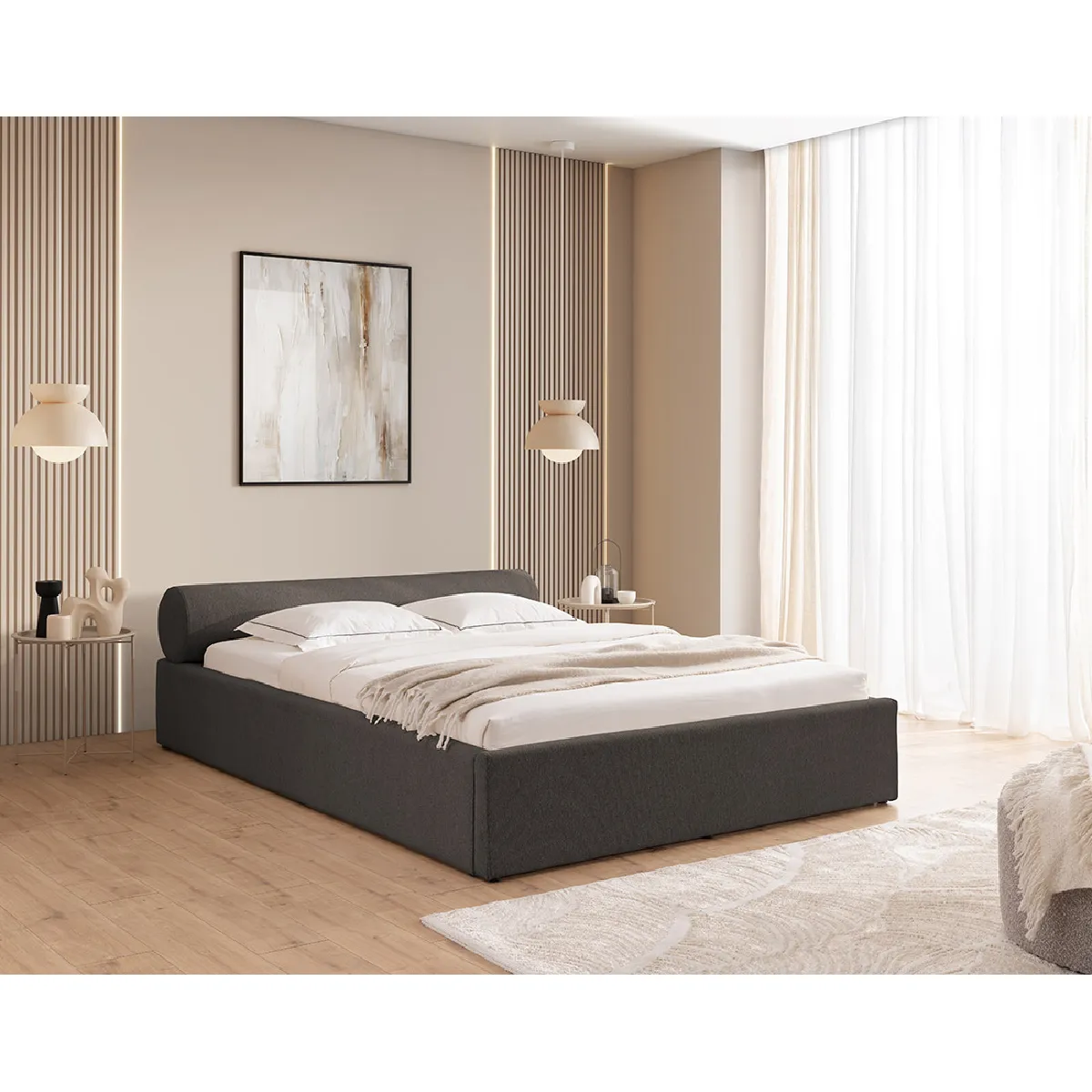 Billy - lit coffre - 180x200 cm - en tissu texturé - sommier inclus - Lisa Design