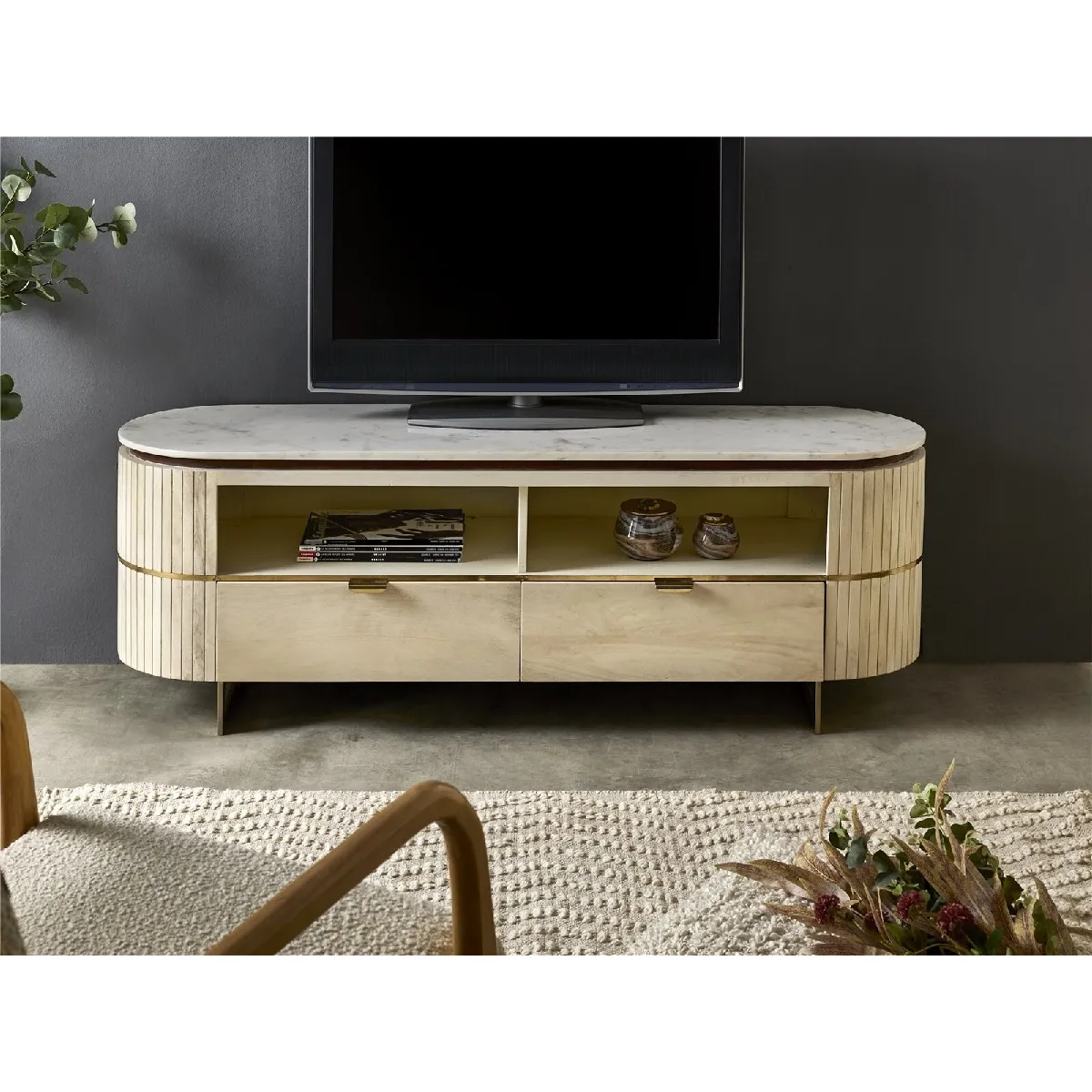 Meuble TV à 2 tiroirs, poignée arrondie, bois de manguier avec plateau en marbre, 145 x 40 x 50 cm
