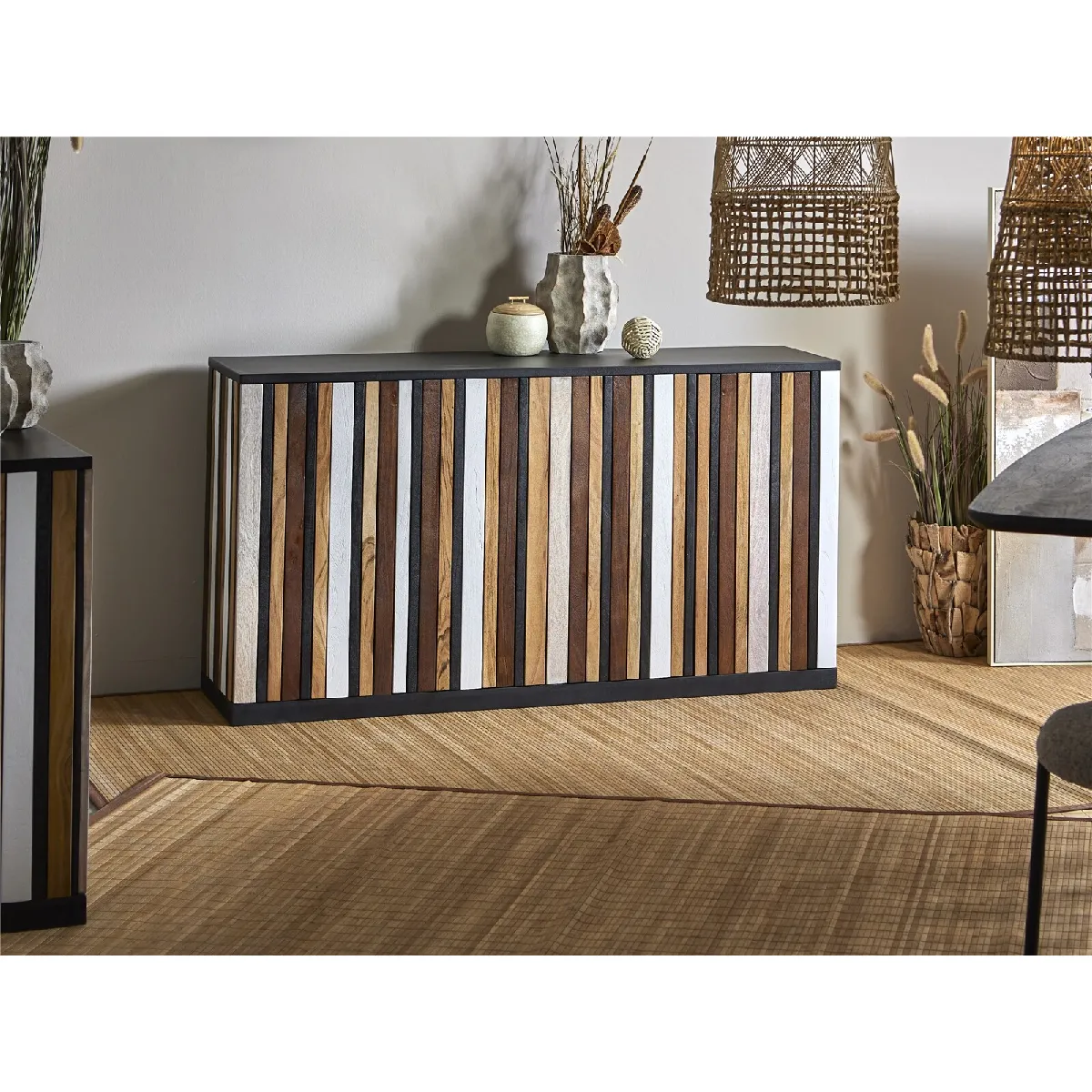 Buffet à 4 portes multicolores, acacia et MDF, 150 x 40 x 80 cm