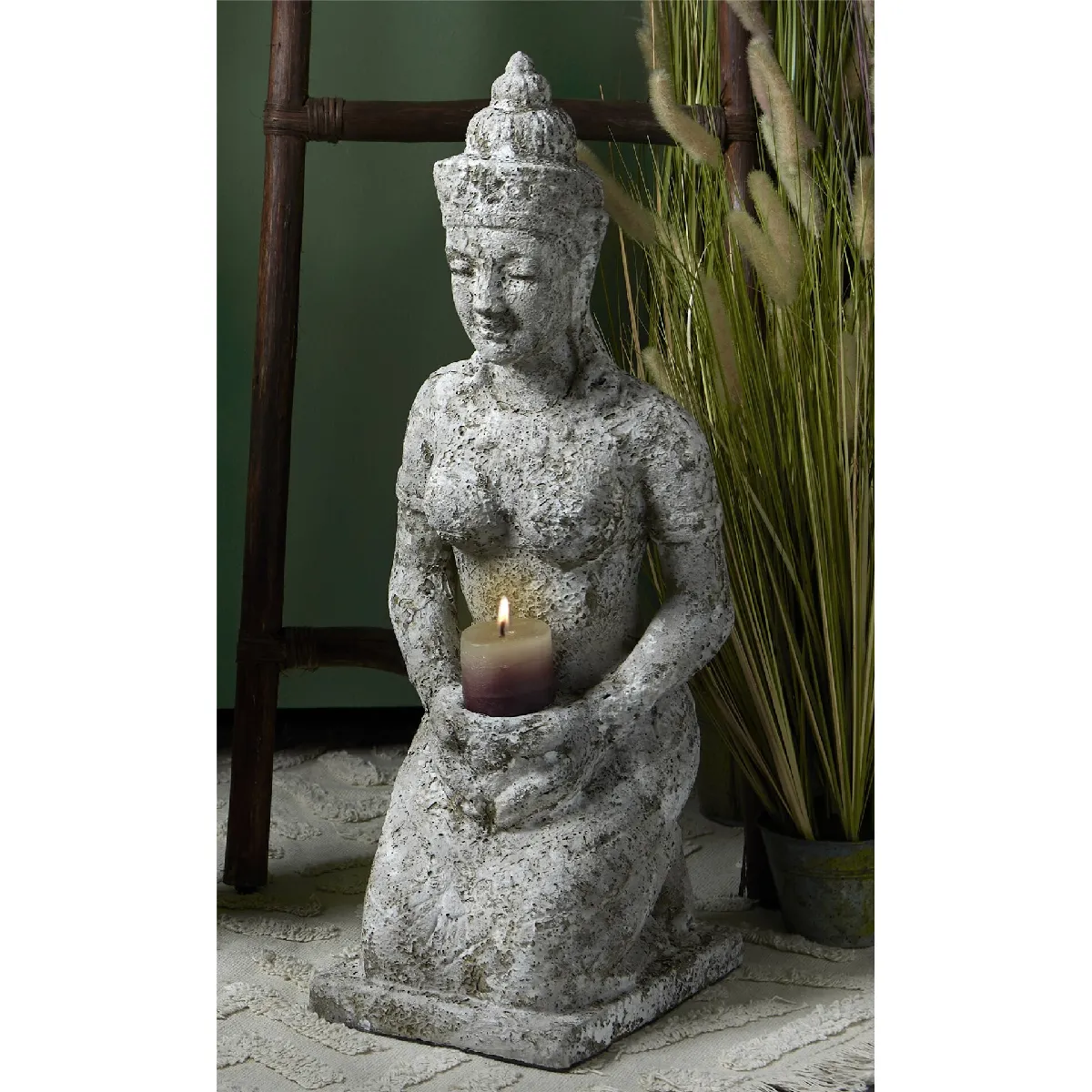 Statuette de Bouddha agenouillé en terre cuite vieillie, 80 cm, 32 x 32 x 80 cm