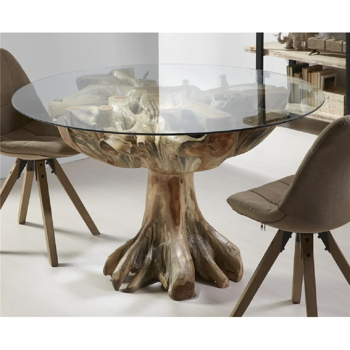 Table de salle à manger en racine de teck massif avec plateau en verre, 130 cm x 76 cm
