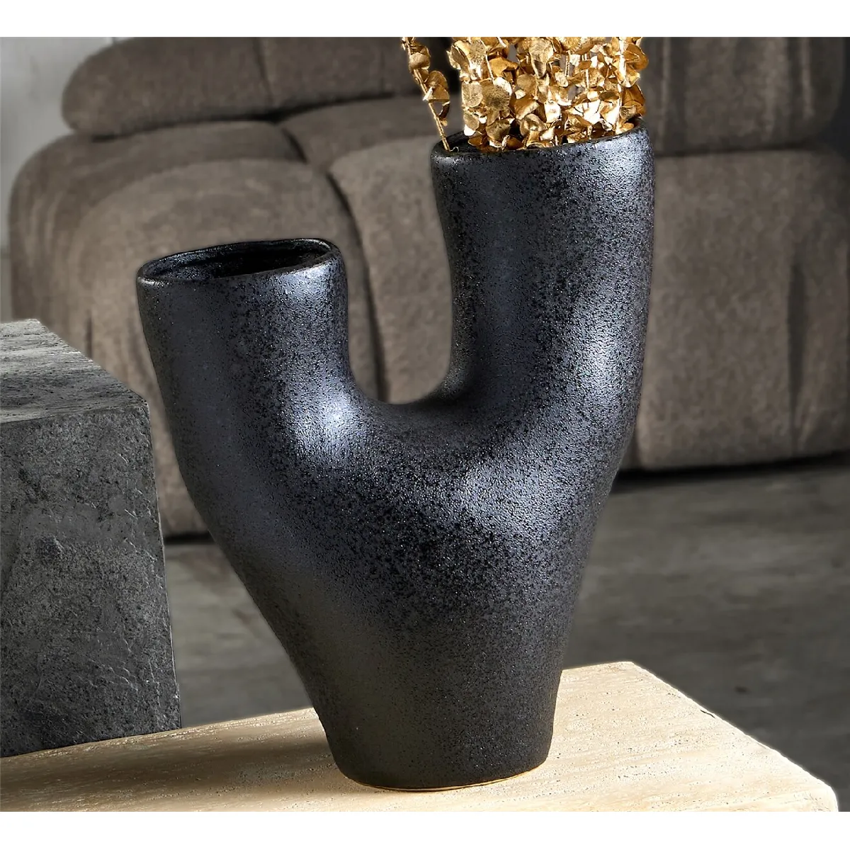 Vase abstrait à 2 bras, noir effet pierre, 38 cm, 33 x 15 x 38 cm