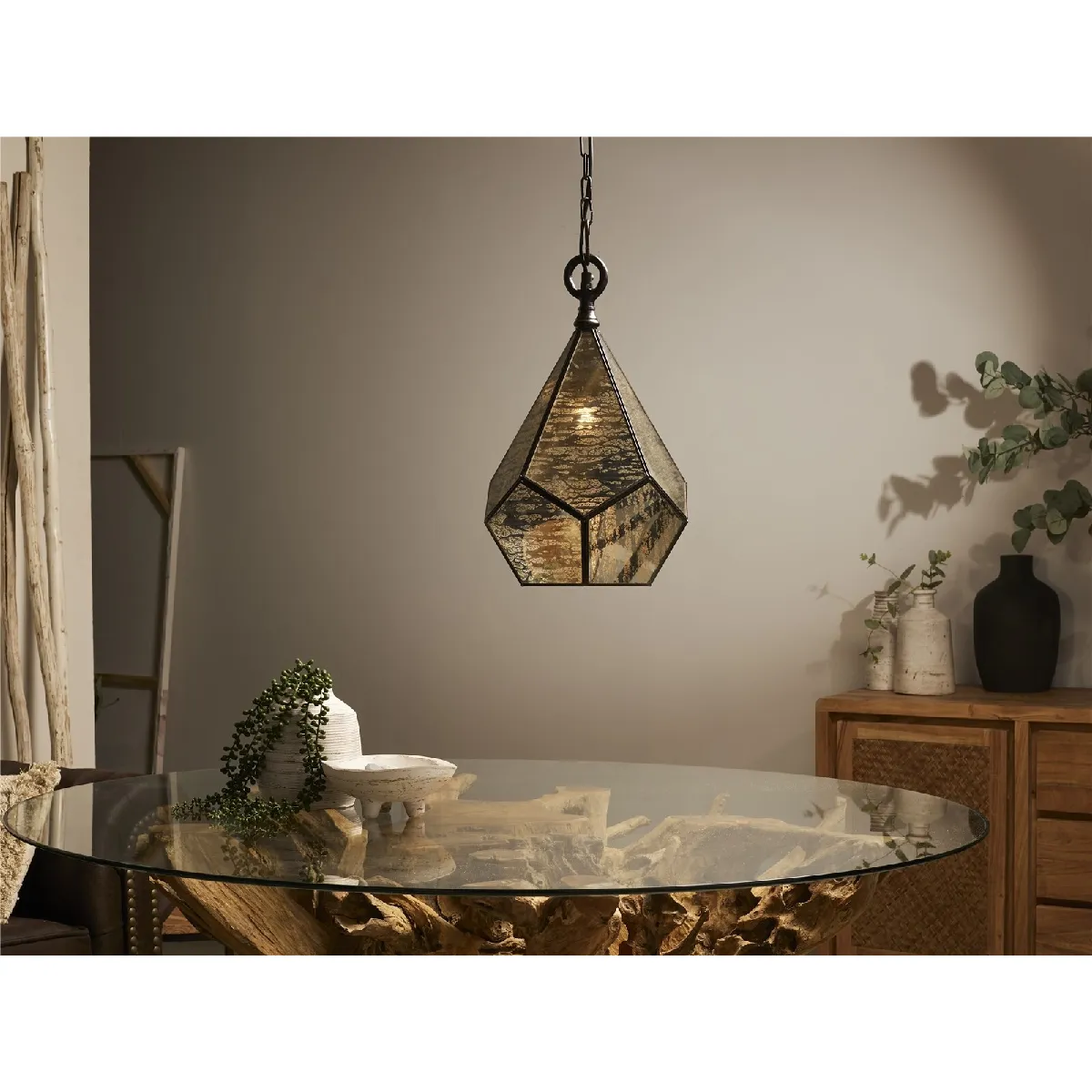 Plafonnier Muna, en cristal et étain décorés, 26 cm x 26 cm x 36 cm