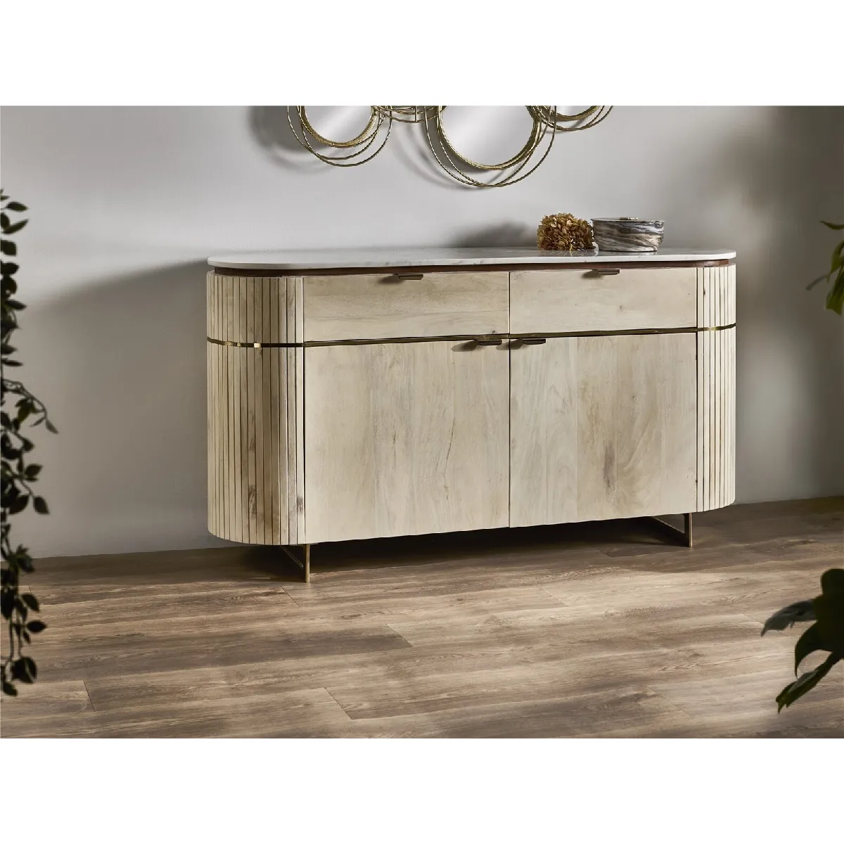 Buffet à 2 portes et 2 tiroirs, poignée arrondie Sextans, plateau en marbre, 150 x 40 x 80 cm