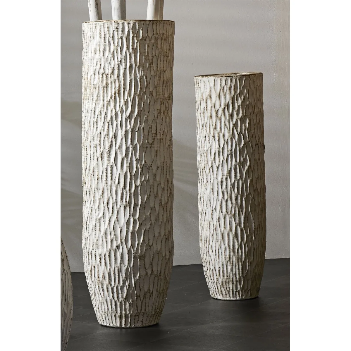 Pot en terre cuite, Adara, texture morille, blanc vieilli, 100 cm, s 2 30dx100cm