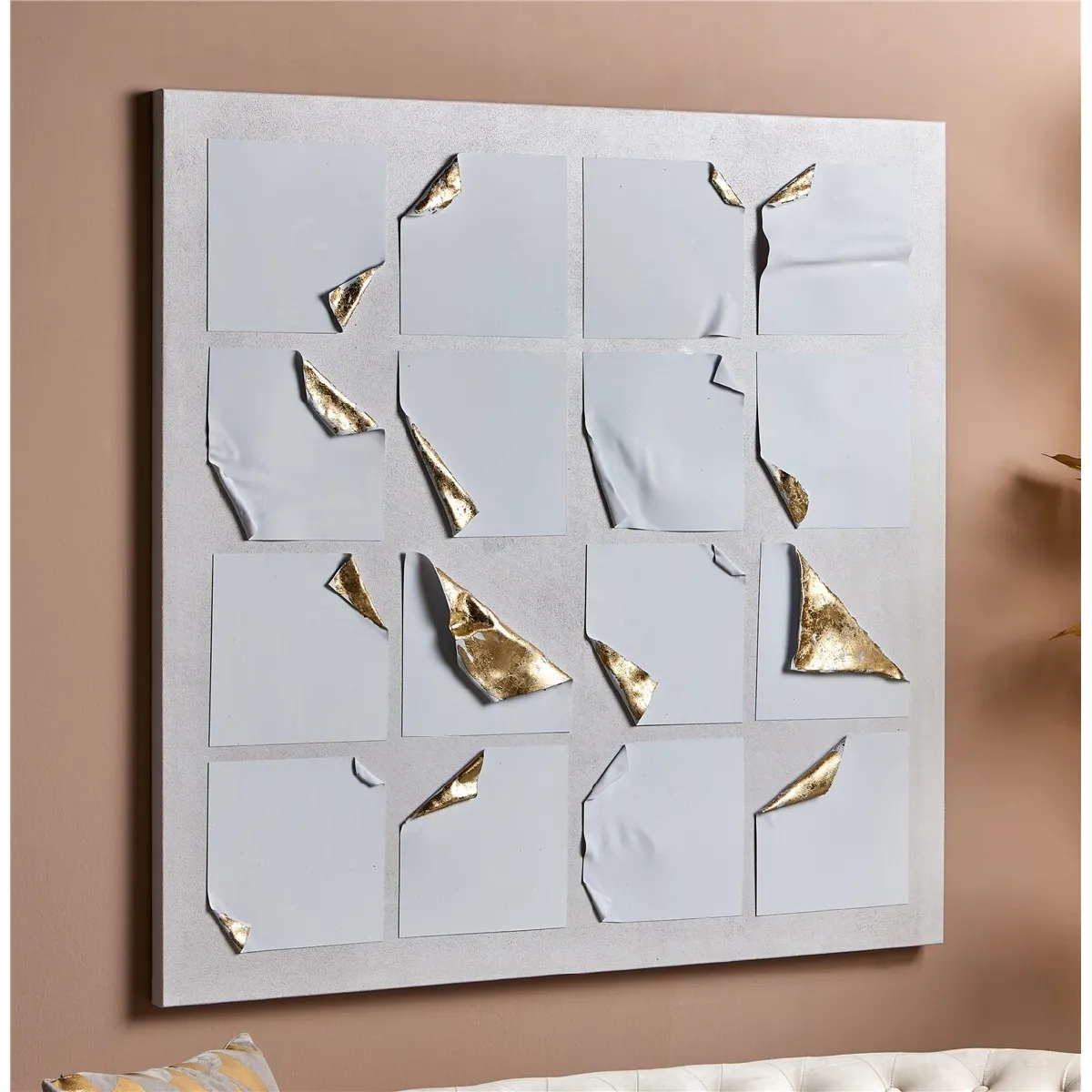 Toile abstraite avec feuille d'or semi-détachée, 100x100cm, 100x3x100cm
