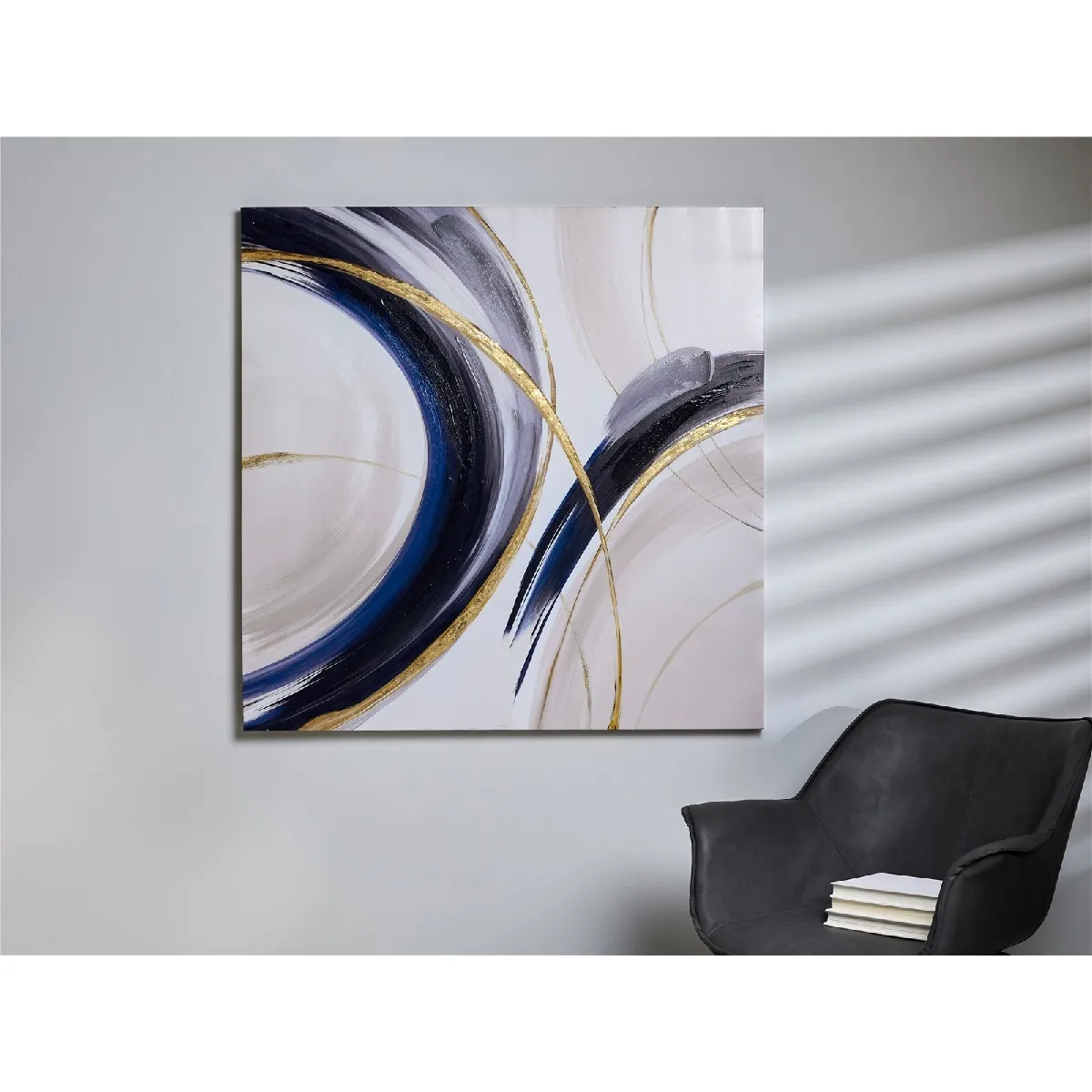 Toile imprimée abstraite bleue et blanche, 50 % huile et or, 100 x 100 cm, 100 x 3 x 100 cm