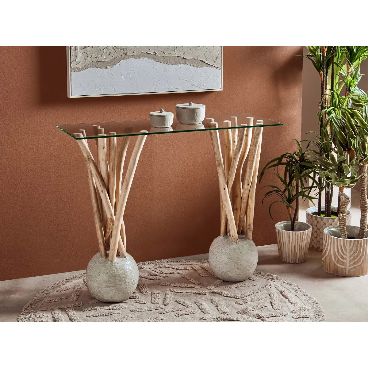 Console Dolken Branches et plateau en verre 100x35x78cm 100x35x78cm