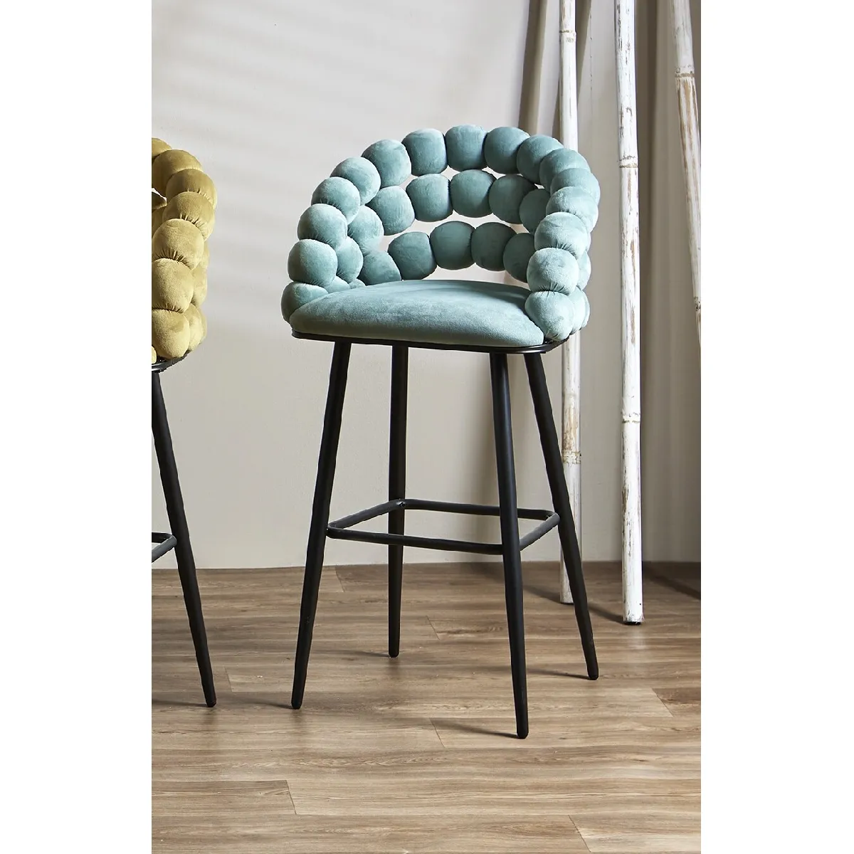 Tabouret de bar Nympha, velours bleu, 54 x 45 x 109 cm