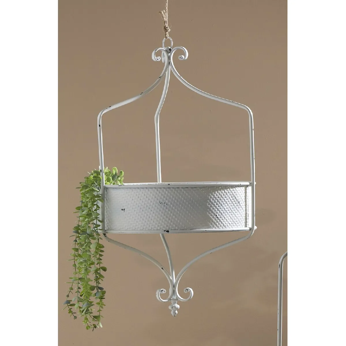 Pot suspendu, métal blanc vieilli, 47 cm x 47 cm