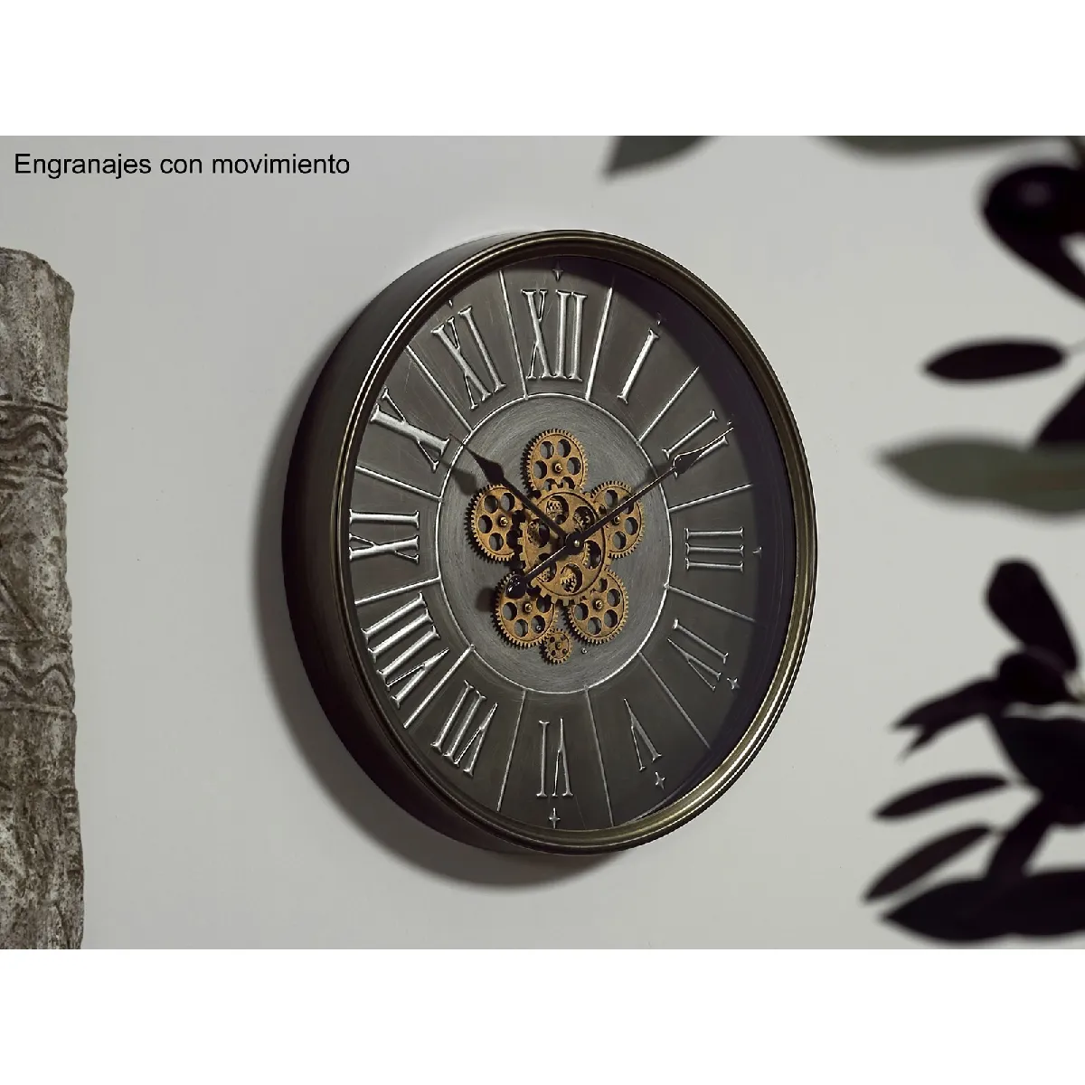 Mécanisme d'horloge murale, argent vieilli, 60 cm de diamètre x 60 cm de hauteur