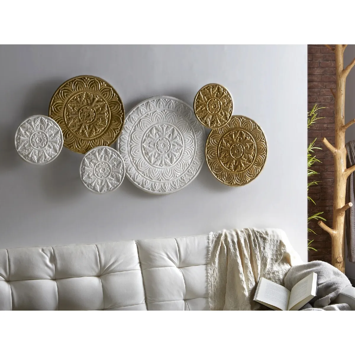 Panneau métallique mandala en or blanc 138 x 60 cm x 4,5 cm