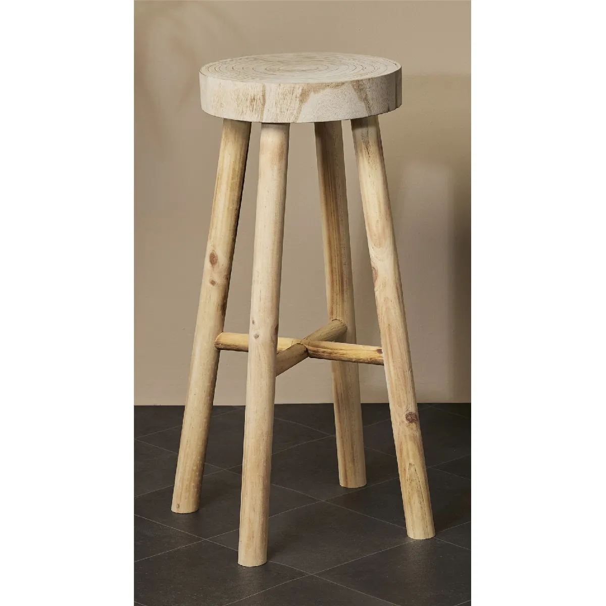 Tabouret rustique, bois grillé, 75 cm x 30 cm