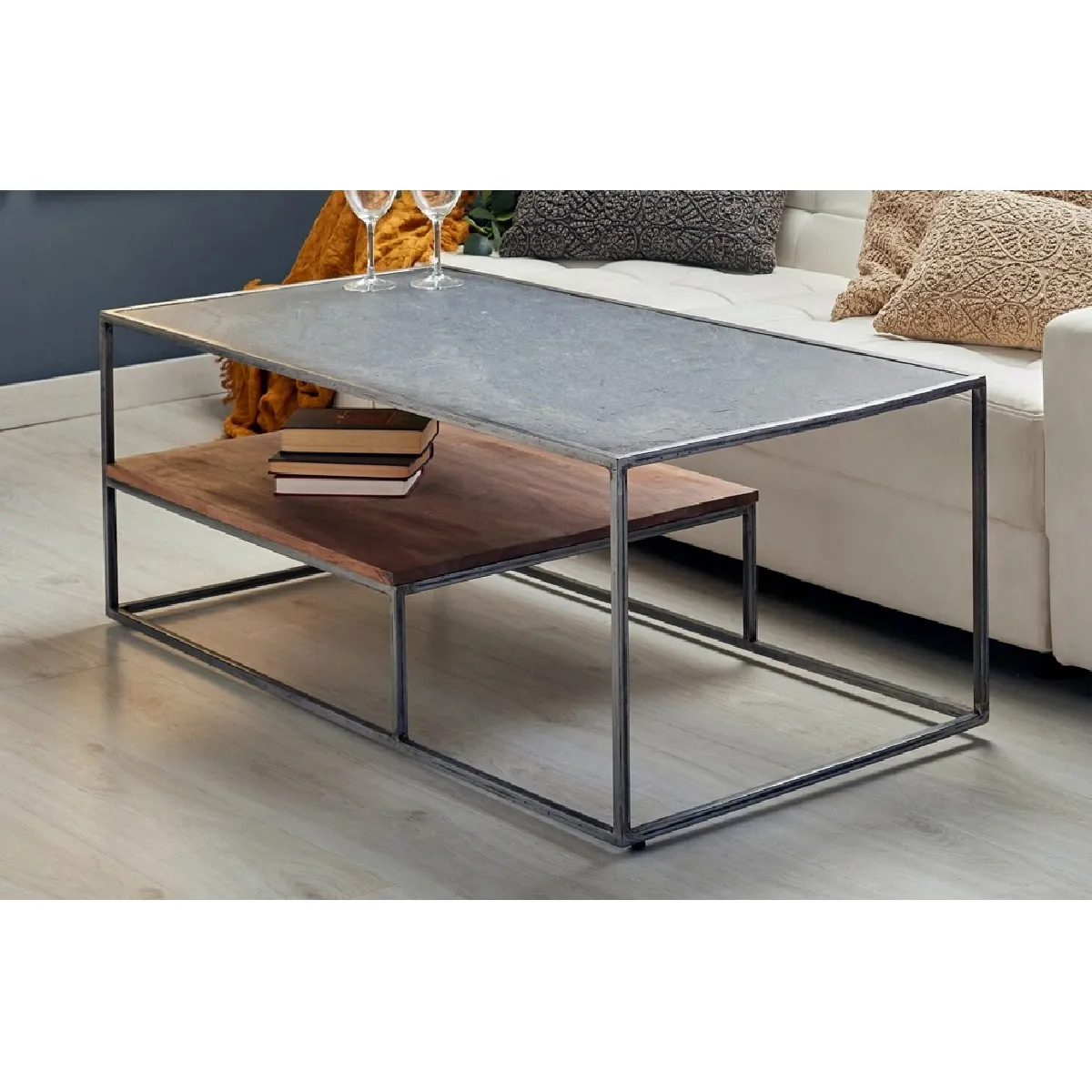 Table basse en pierre, métal et pierre, 120 x 60 x 45 cm