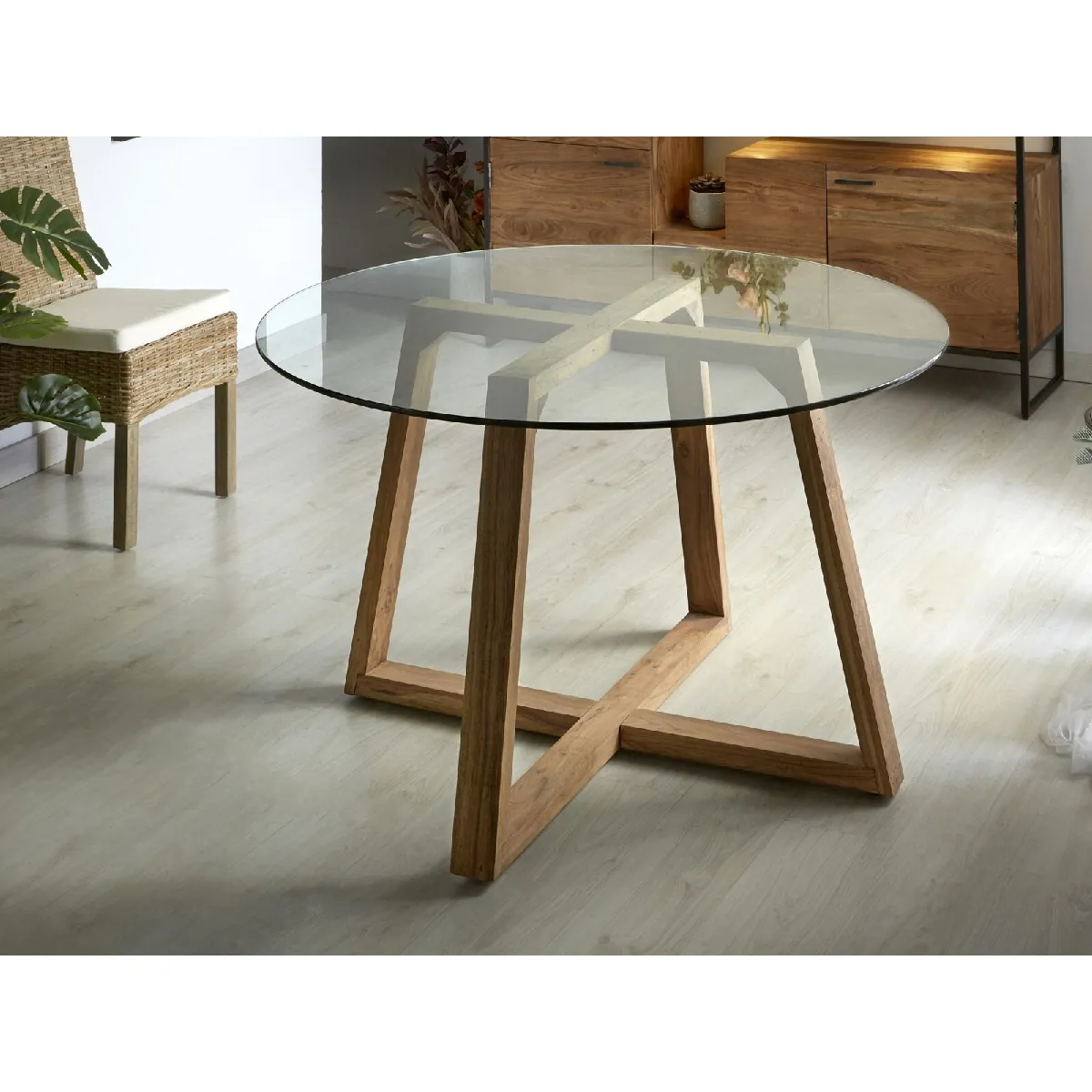 Table de salle à manger Scarpa en acacia et cristal, 130 x 76 cm