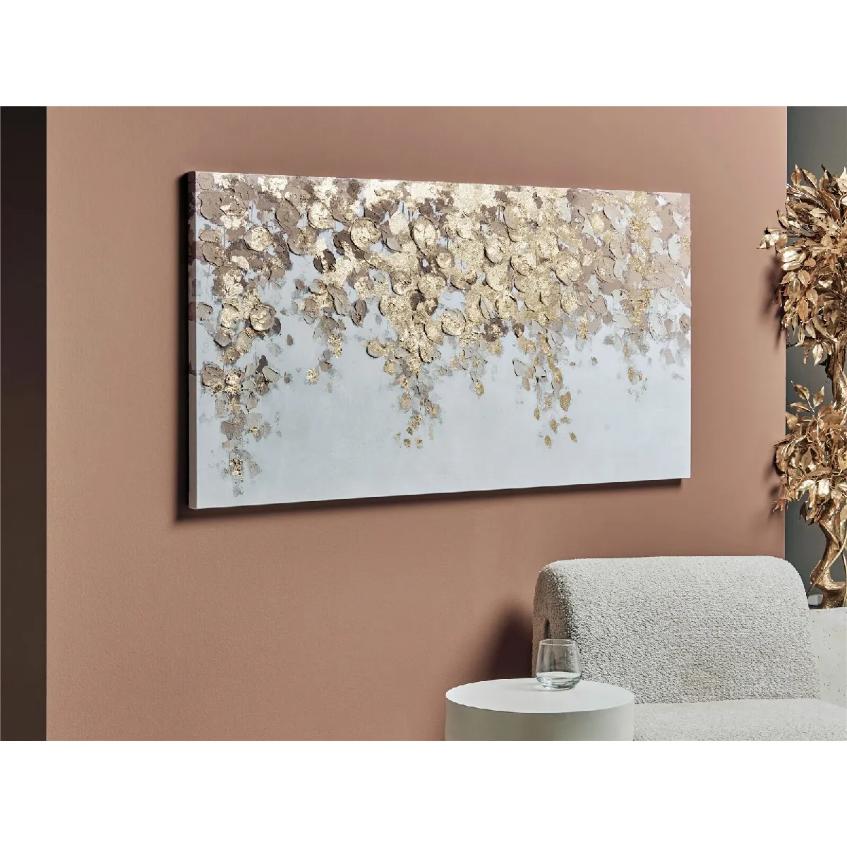 Toile imprimée, branches suspendues, or et terre, 70 % huile, 140 x 70 cm, 140 x 3 x 70 cm