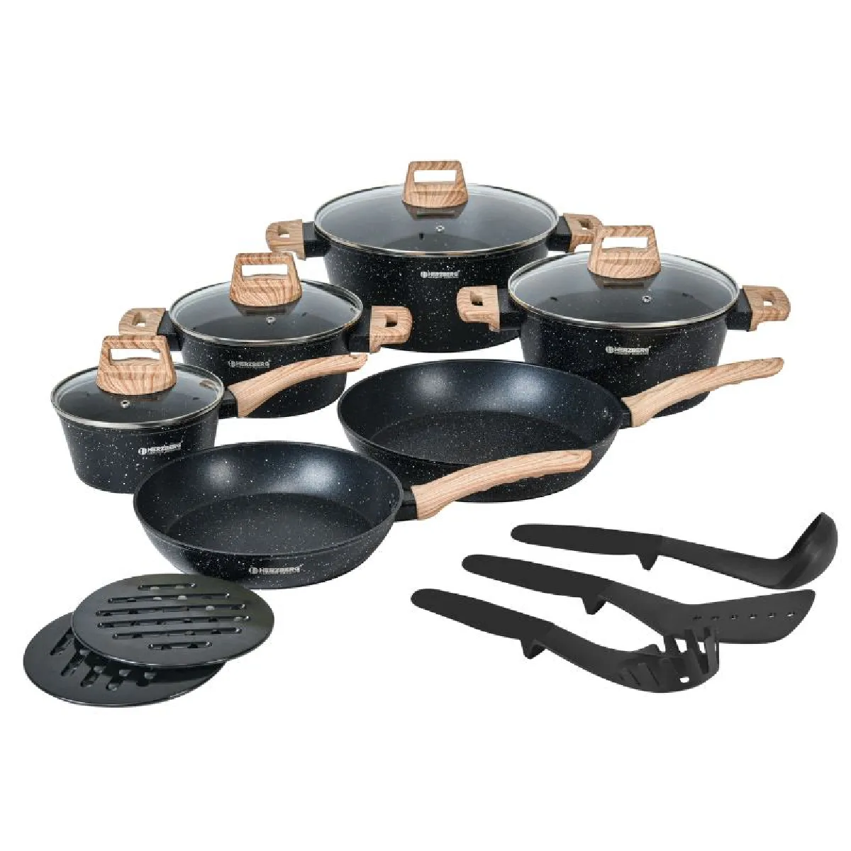 Batterie De Cuisine 15 Pièces Avec Revêtement En Granit Et Manche En Bois Noir Herzberg Hgwdmrb15-blk