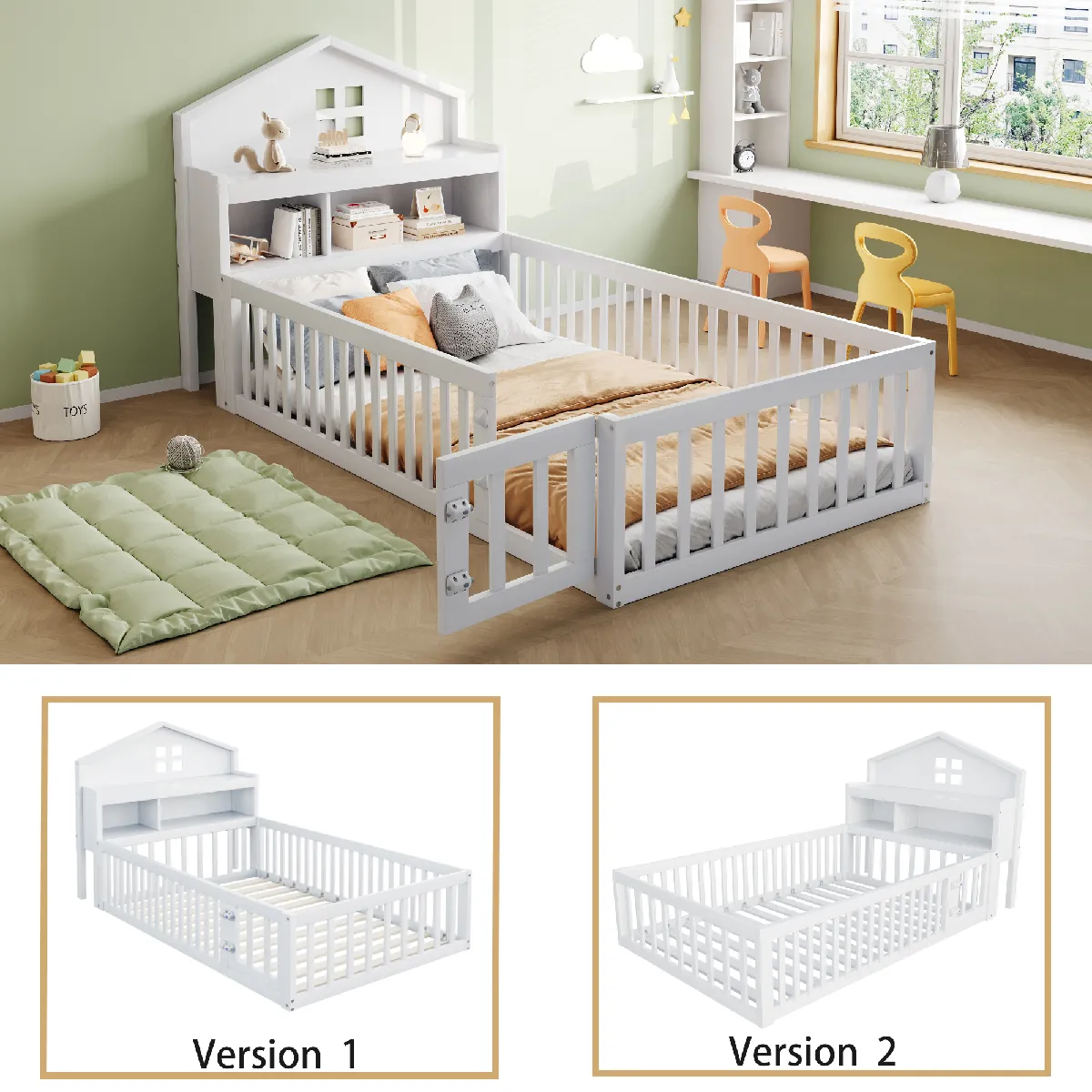 Lit enfant 90x200 cm - Lit avec rangement maison - Blanc