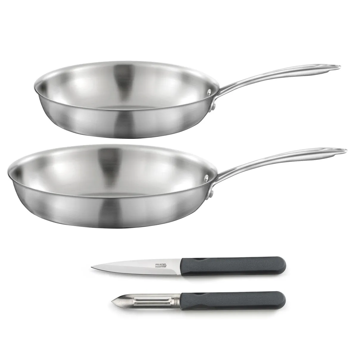 Gourmet - Set 2 Poêles 24-28cm Inox, 1 Éplucheur Et 1 Couteau Office