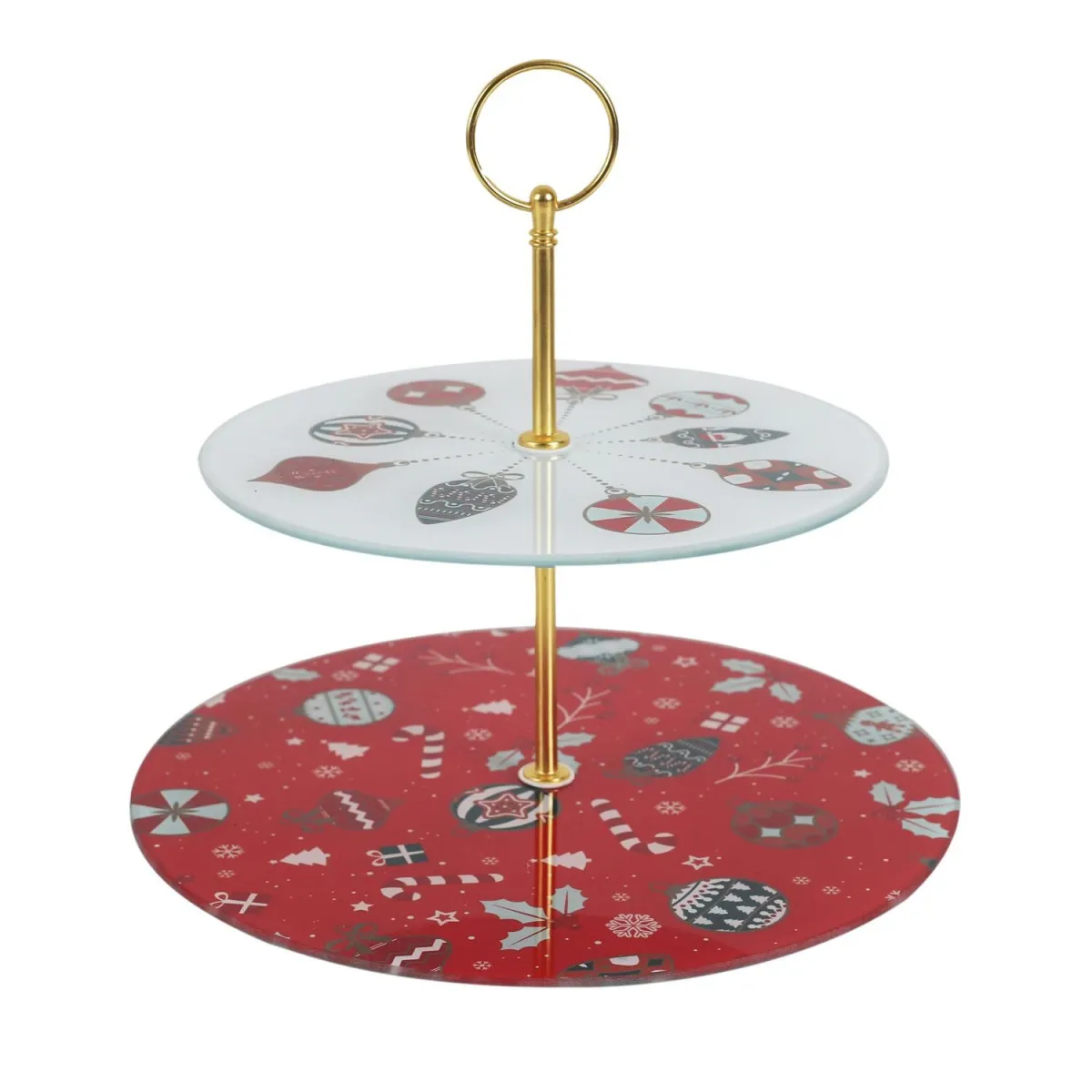 Plateau de Présentation - HOME DECO FACTORY - Noël - Double Étage - Motifs Traditionnels - Blanc et Rouge