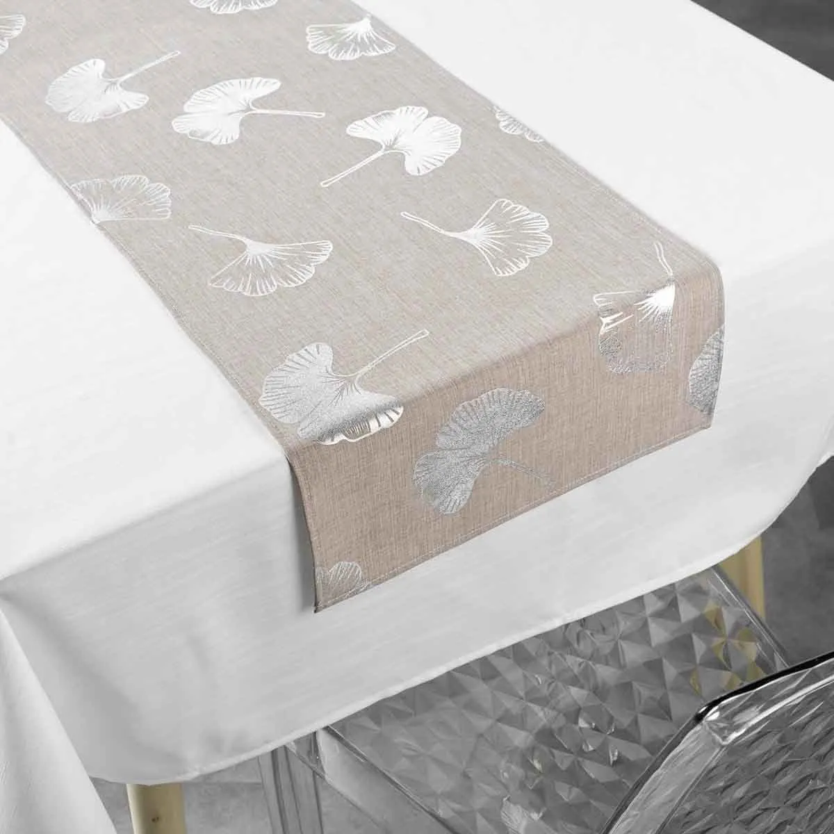 Nappe & Chemin de Table "Euphoria" 140x250cm Blanc & Noisette