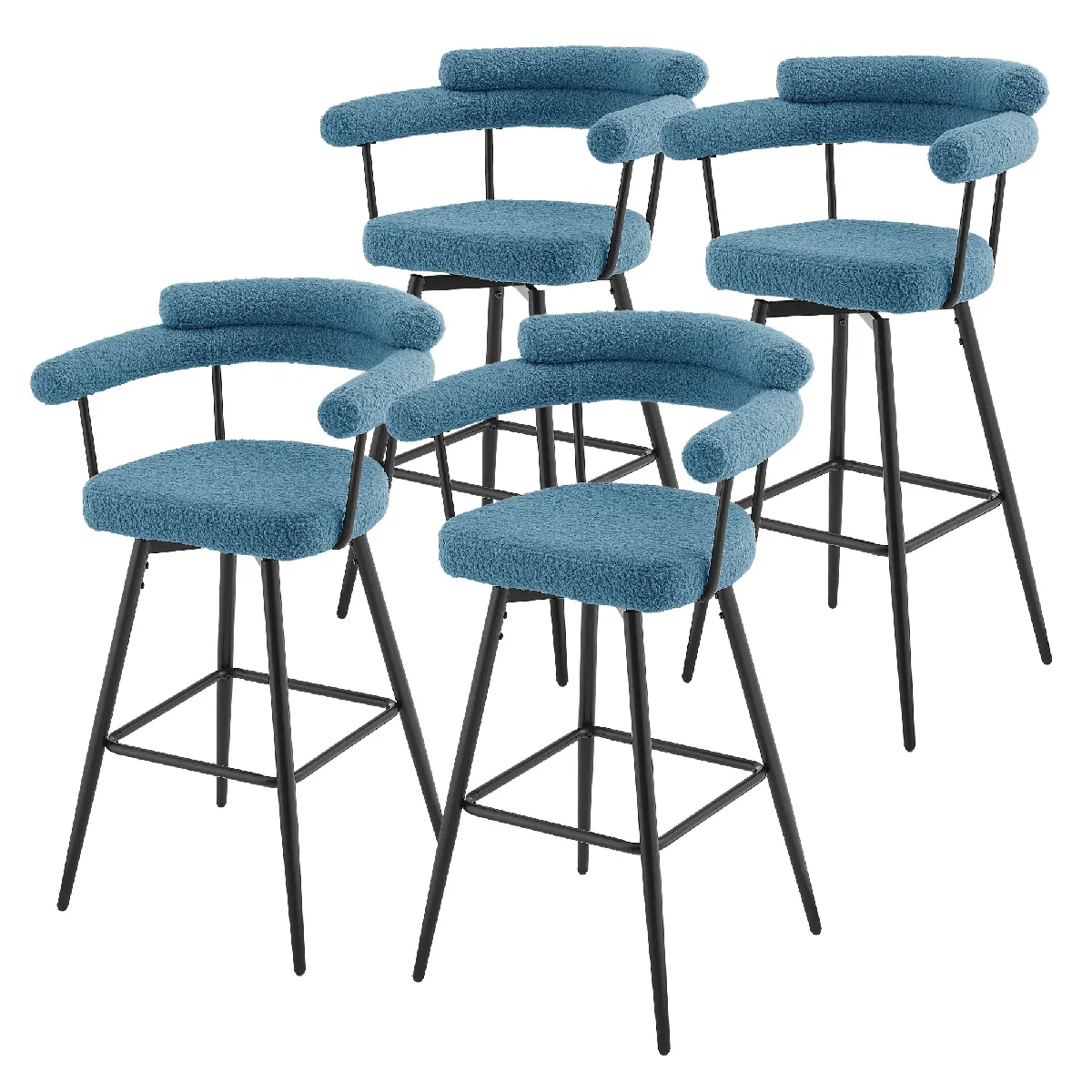 Ml-design Lot De 4 Tabourets De Bar Pivotants, Bleu En Tissu Teddy, Hauteur 76 Cm, Assise Rembourrée