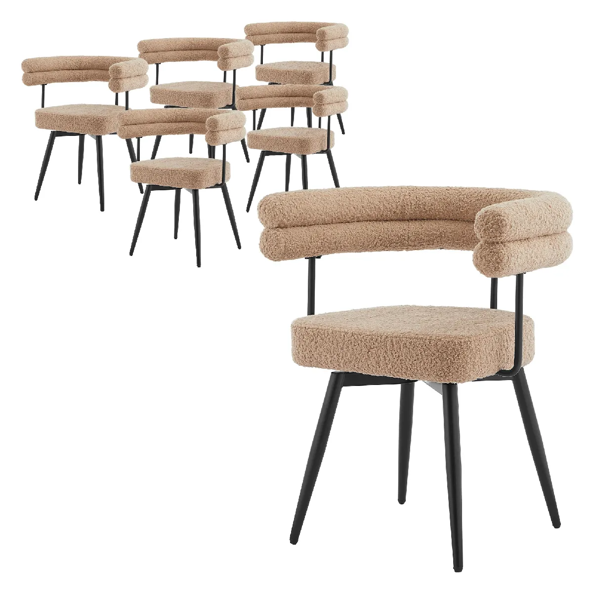 Ml-design Lot De 6 Chaises Pivotantes, Marron En Tissu Teddy Pieds En Métal Avec Accoudoirs Et Dossier