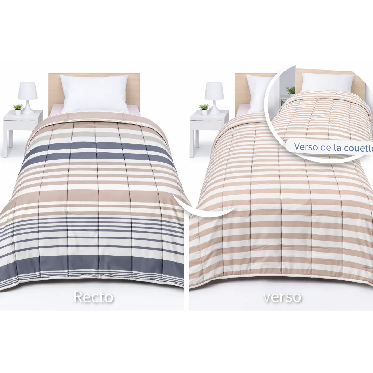 Couette Tempérée Bayadère/uni Beige - 1 Personne 140x200 - Mi Saison - Mortreux
