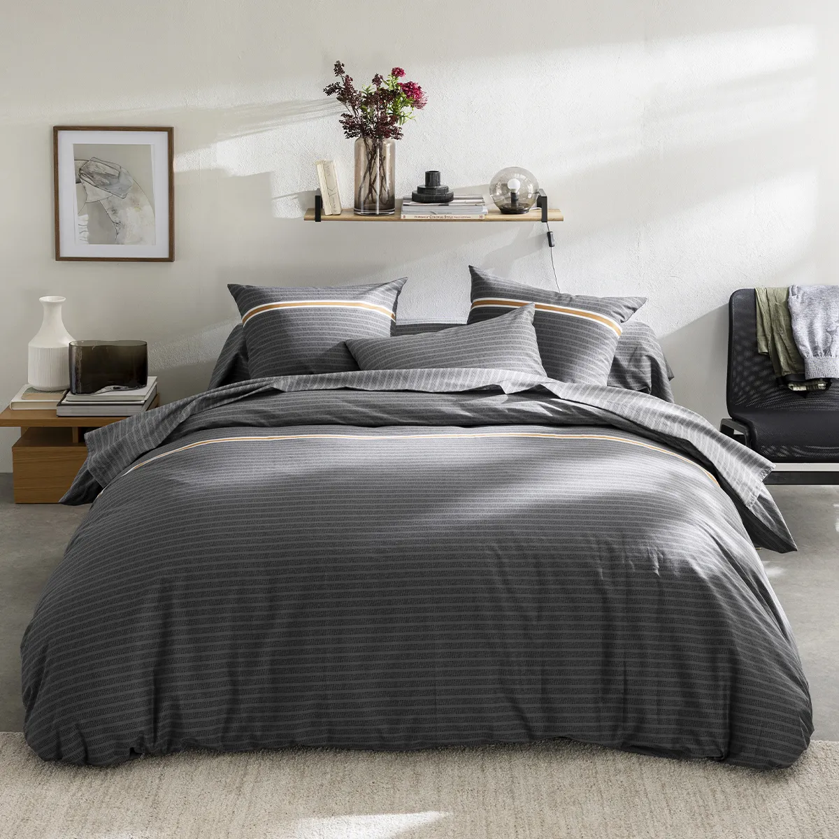 Parure De Lit Housse De Couette + Taies Carrées En Lyocell, Anatole - 240 X 220 Cm - Gris Foncé