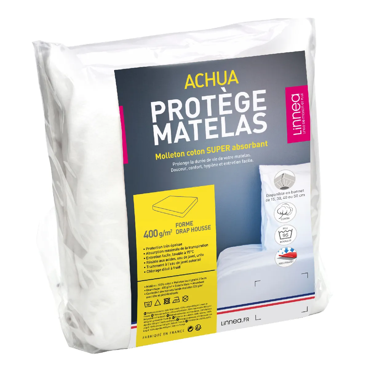 Protège Matelas 140x190 Cm Bonnet 40 Cm Achua Molleton Coton 400 G/m²