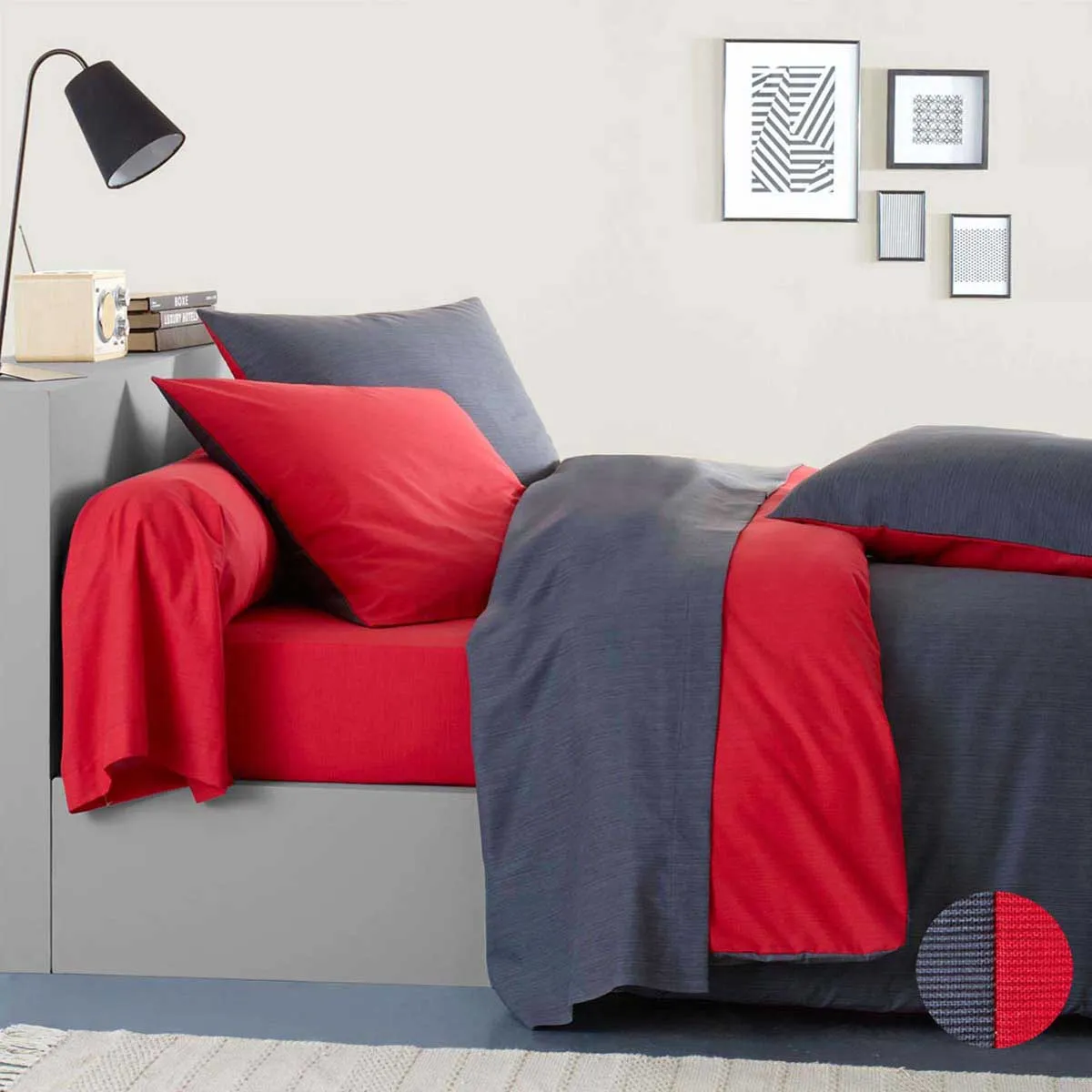 Housse De Couette Bicolore En Viscose De Bambou, Écorce - 240 X 220 Cm - Gris/rouge