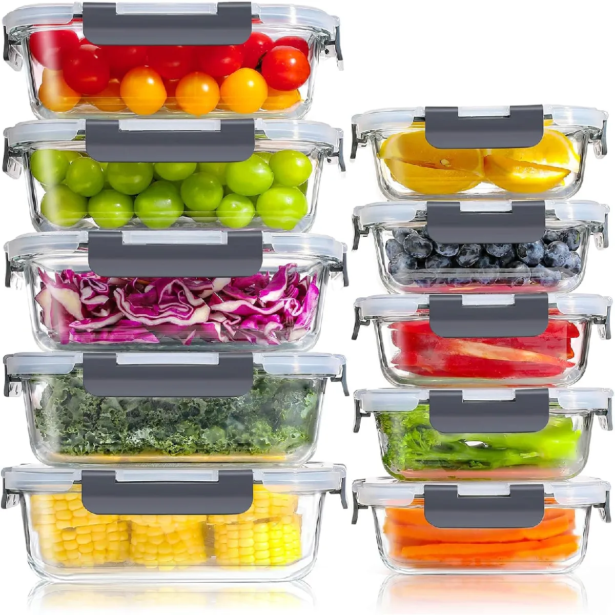Yashe Lot De 10 Boîtes En Verre, 5 X 1,04 L Et 5 X 0,37 L, Gris