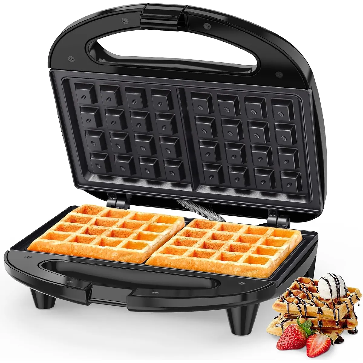 Gaufrier Belge, 750 W, 2 Gaufres Carrées, Antiadhésif, Noir