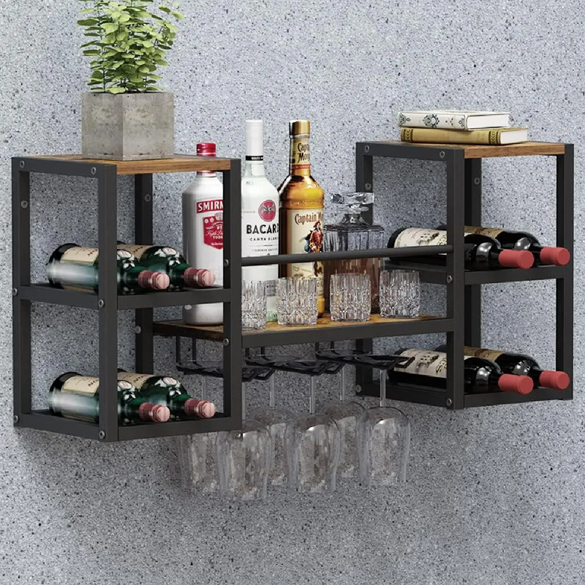 Étagère Murale Industrielle Avec Porte-verres Et Rangement