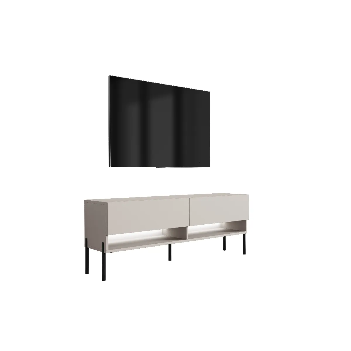 Meuble TV 140 cm Cachemire, pieds droits noirs, LED blanche, 140 x 32 x 52 cm