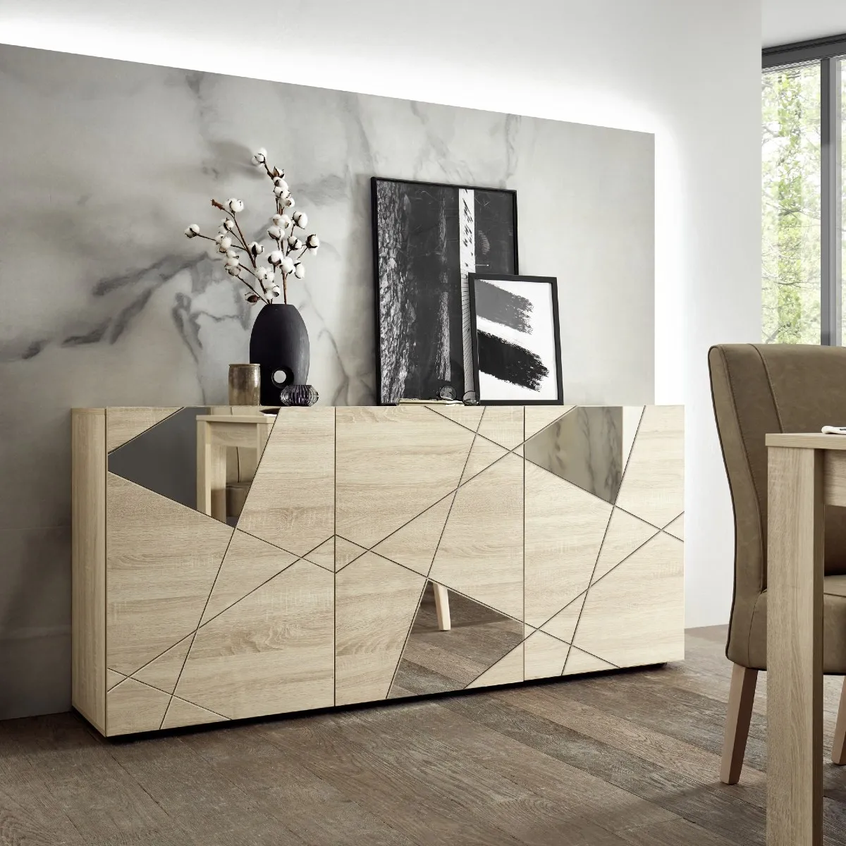 Buffet bas moderne chêne clair 3 portes 180cm ANTONIA