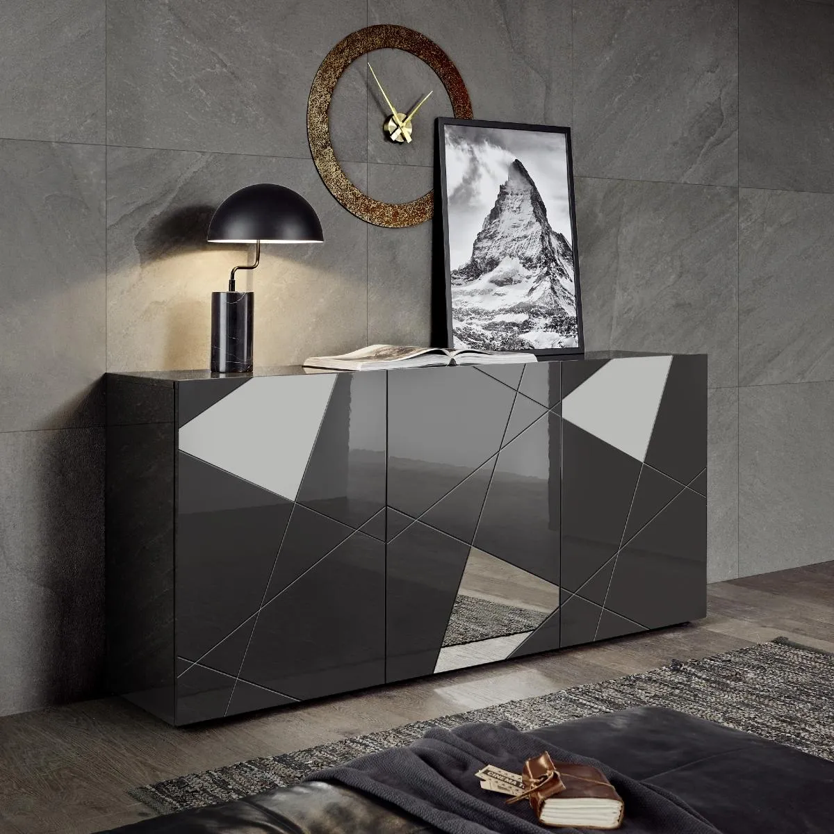 Buffet bas moderne laqué gris 3 portes 180cm ANTONIA