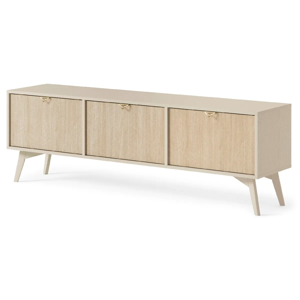Meuble TV: Beige sable / Chevrons scandi, pieds Bois, 158 x 52 x 38cm